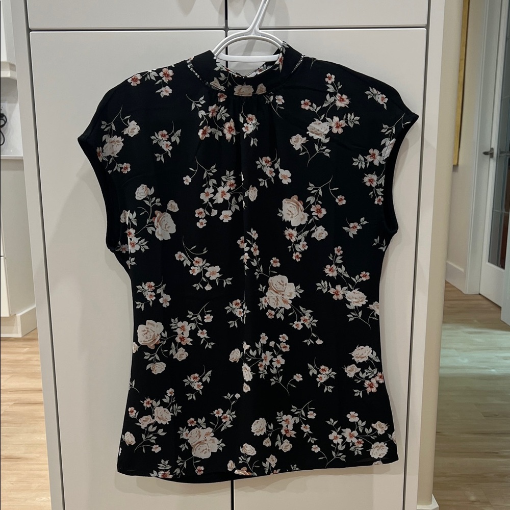 Mix-Media Sleeveless Mock-Neck Floral Blouse Size Small
